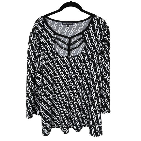 Adrienne Vittadini Monogram‎ Blouse Sz 2X Black White Cut-Out Studded Detail Top - Picture 1 of 5